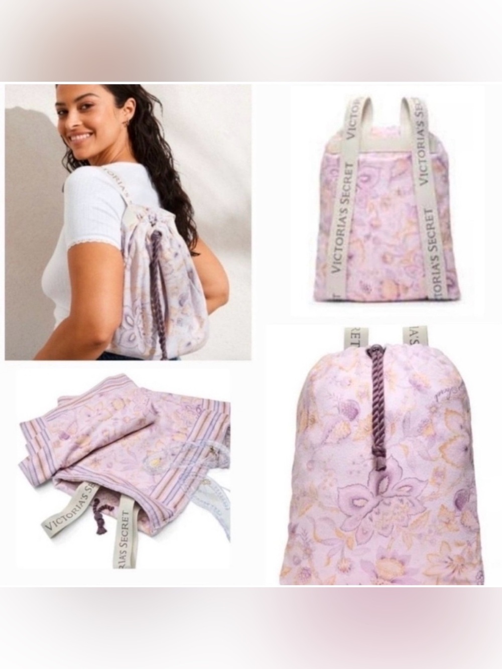 NWT Victoria's Secret 2 in 1 Lilac Purple Floral Towel Drawstring Backpack